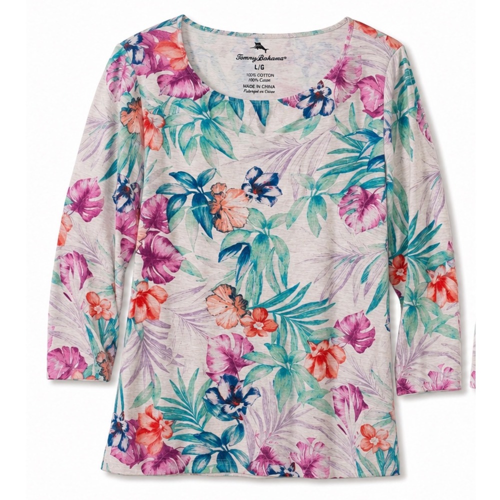 Tommy Bahama Womens Large Tropical Floral Cotton Long Sleeve Tee Coastal Boho